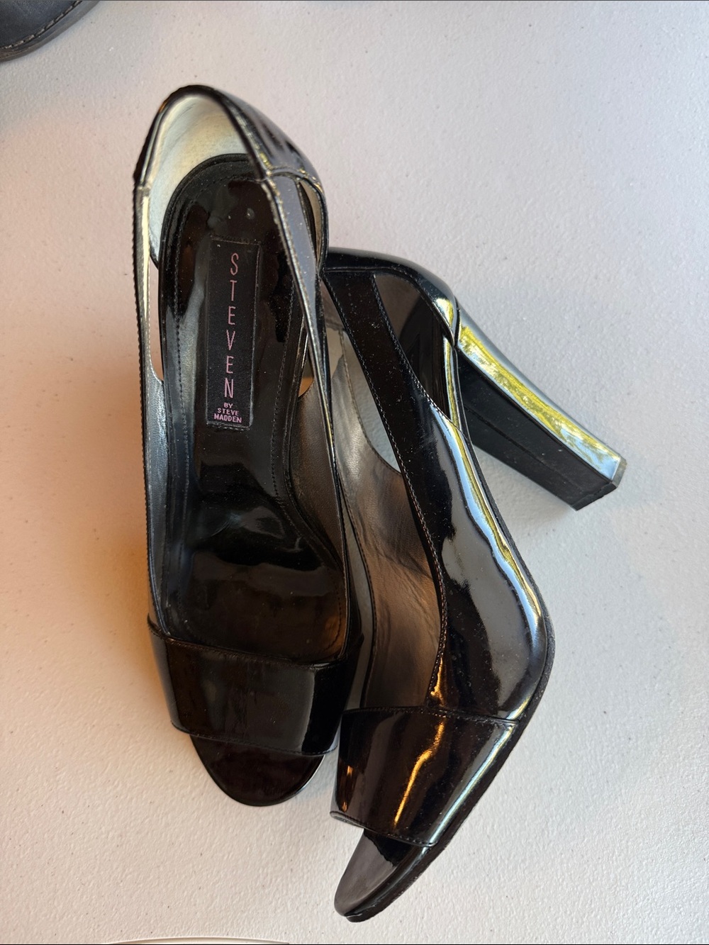 Steven by Steve Madden Black Patent Peep Toe Block Heels